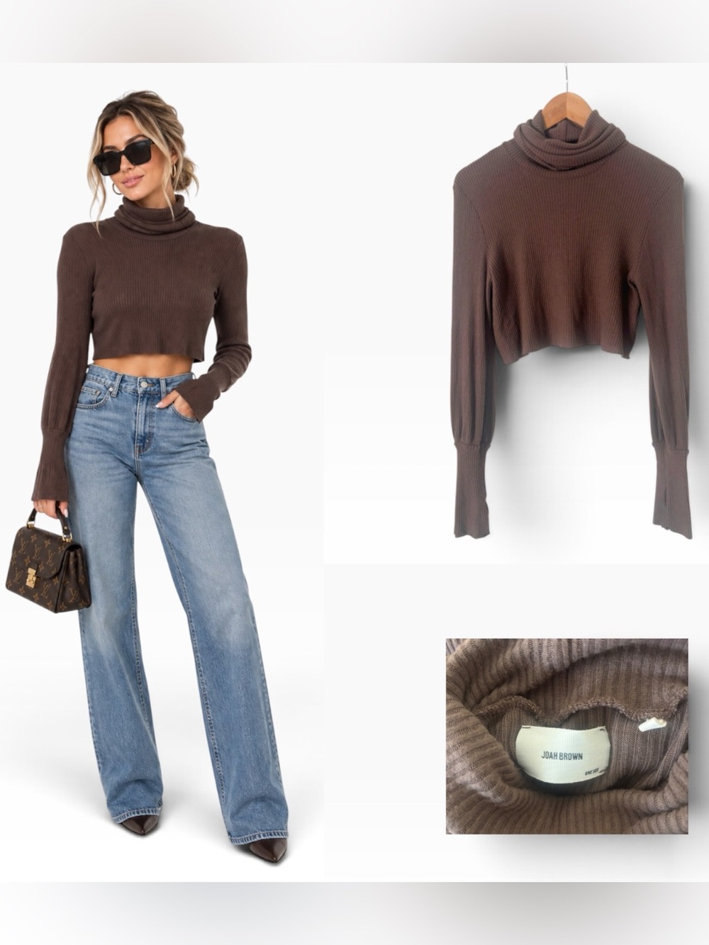 Joah Brown Ribbed Turtleneck Long Sleeve Crop Top